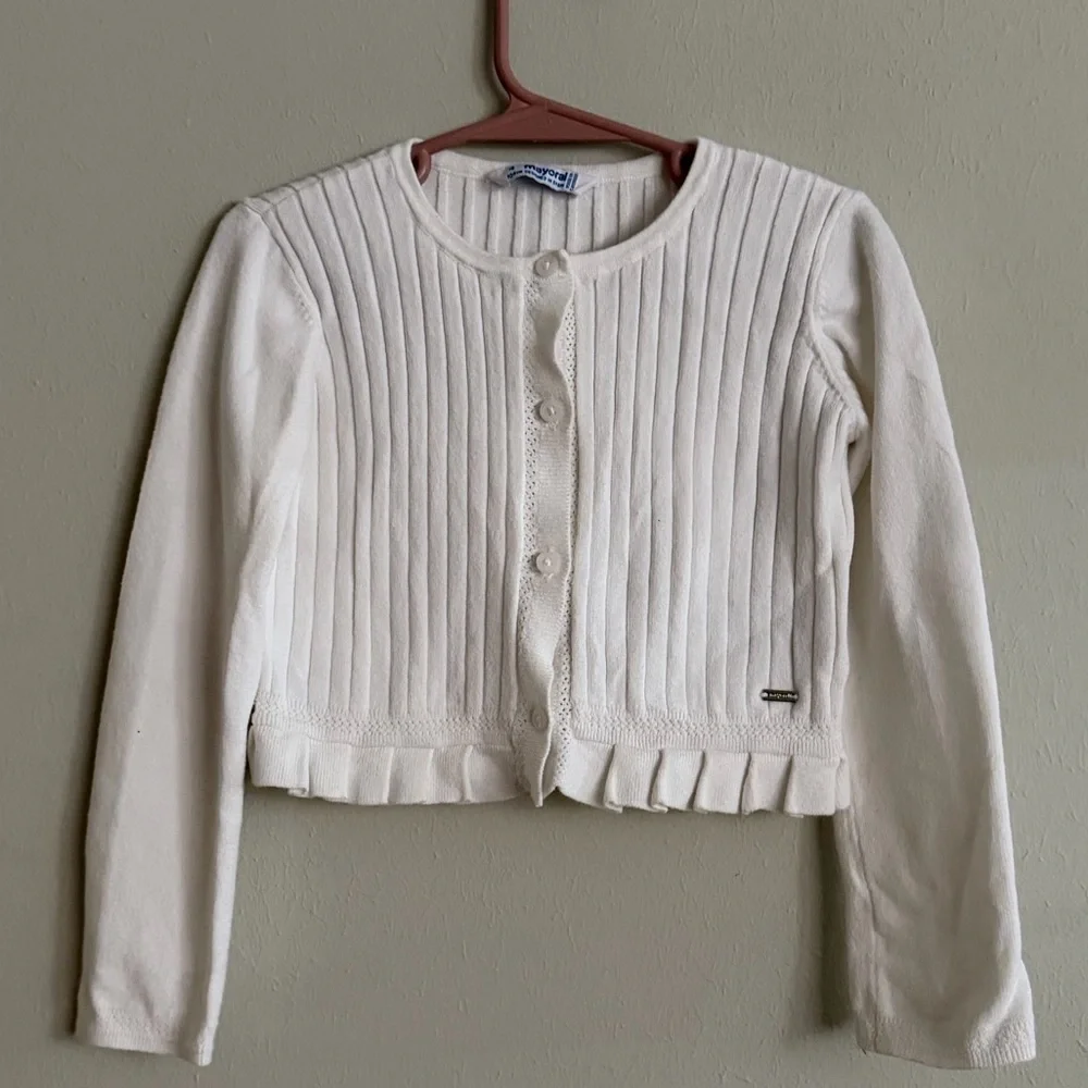 Mayoral | Ribbed Knit Cropped Cardigan with Ruffle Hem | Size 4